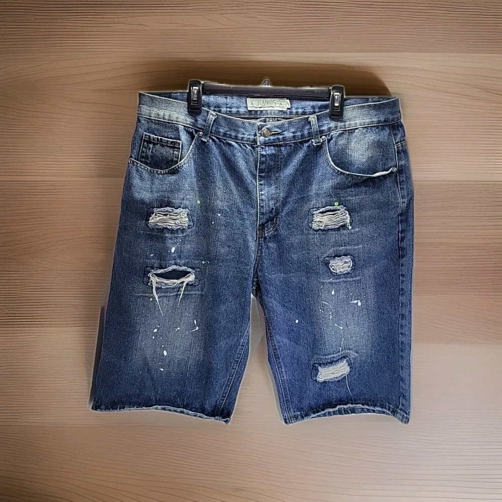 Jeanius‎ Akademiks Shorts Mens 40 Blue Paint Splatter Denim Distressed Baggy Y2K